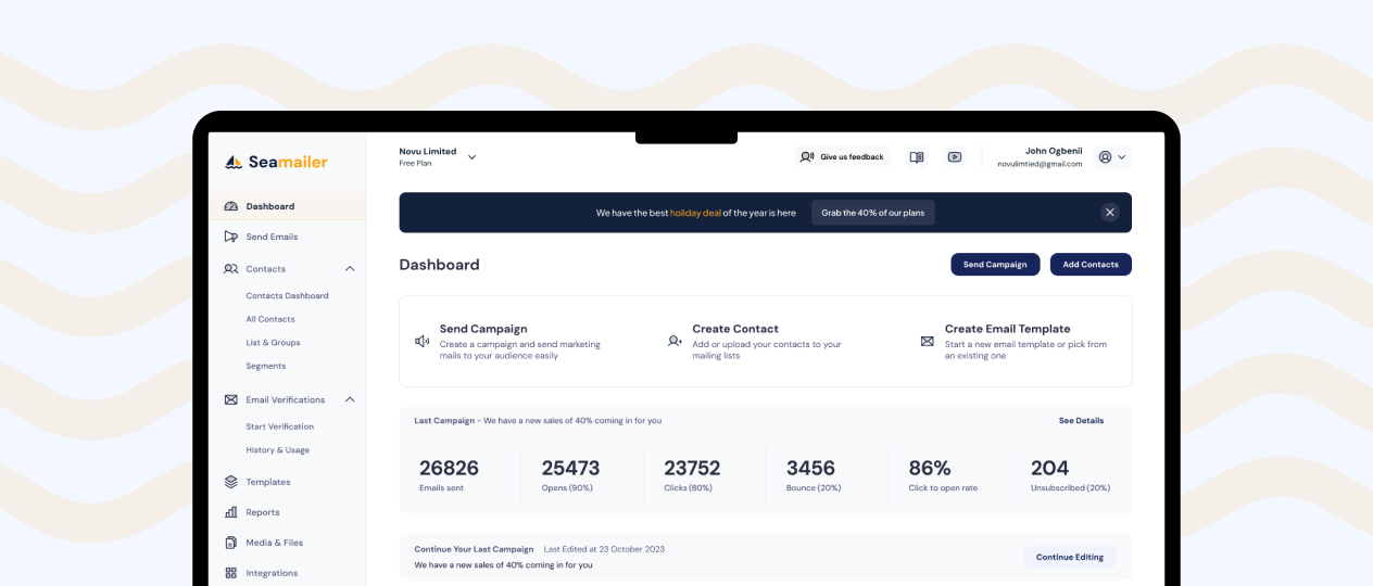 Seamailer dashboard showing email analytics and metrics